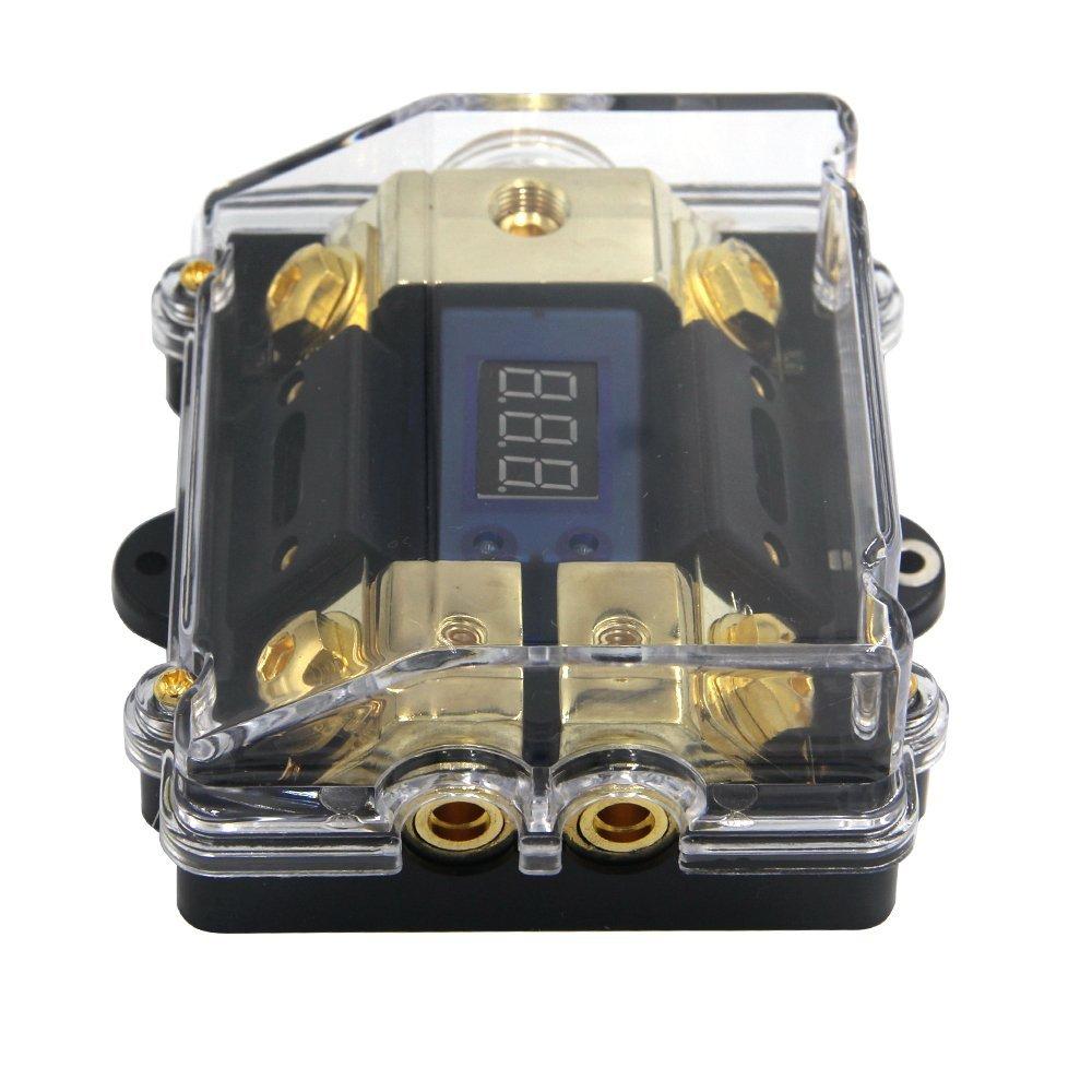 Cầu chì ANL 100A chia nguồn ô tô 1 ra 2  tự ngắt có bảng hiển thị điện áp Led mạ vàng 24K cao cấp