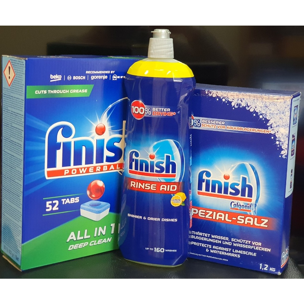 1 bộ gồm viên rửa bát finish 52 viên+muối rửa bát finish 1.5kg+nước làm bóng finish 800ml cho Máy