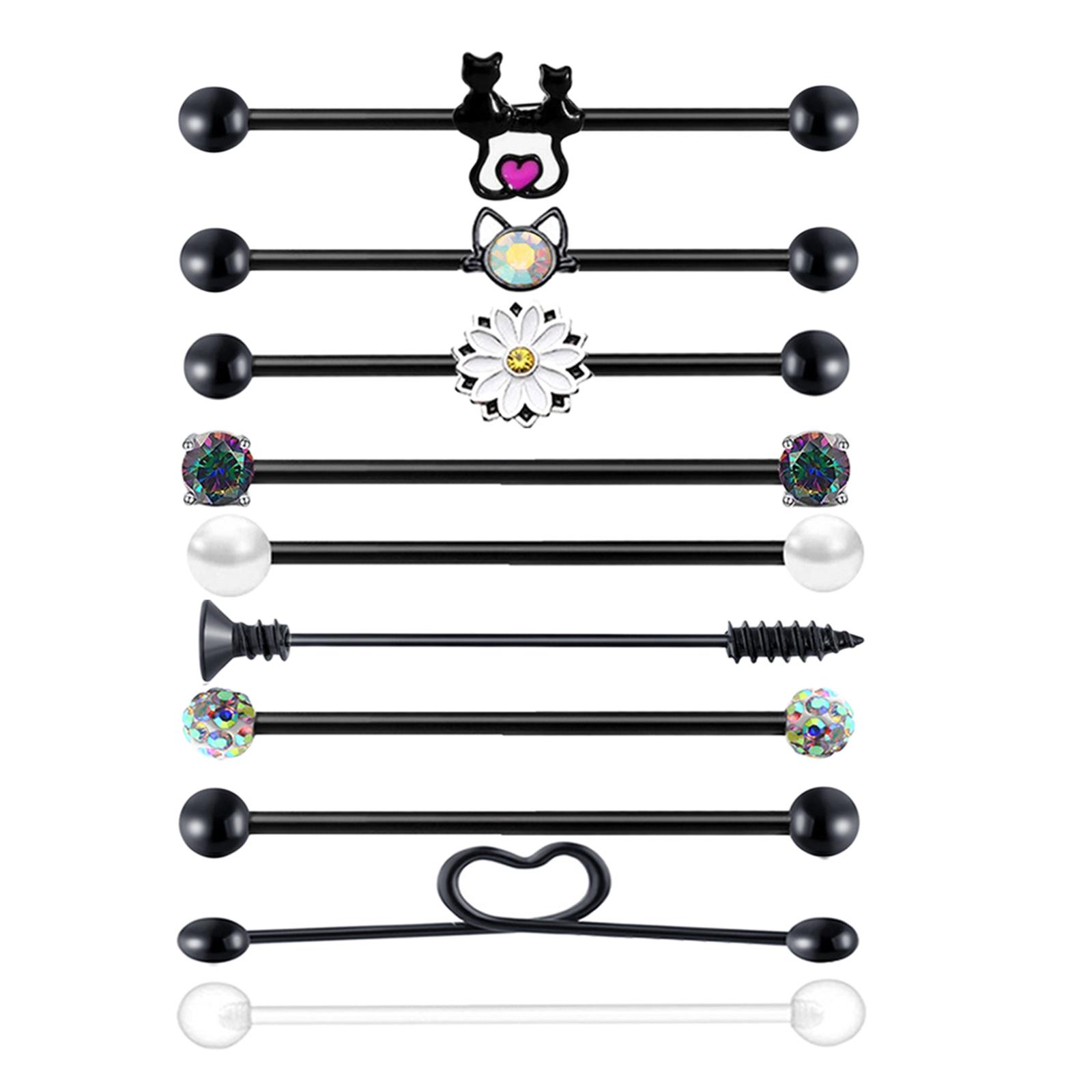 10Pcs Tragus Earrings Stud Industrial Barbell Piercing Bar Ear Earring Stainless Steel Lip Rings Labret Stud Body Piercing Jewelry for Women Men