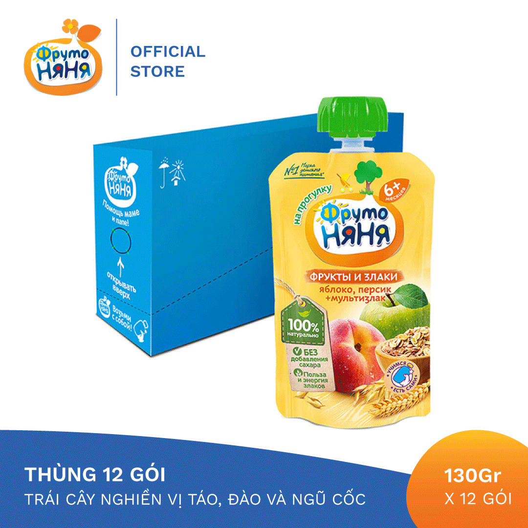 Thùng 12 Gói Trái cây nghiền vị táo, đào và ngũ cốc Fruto Nyanya 130g