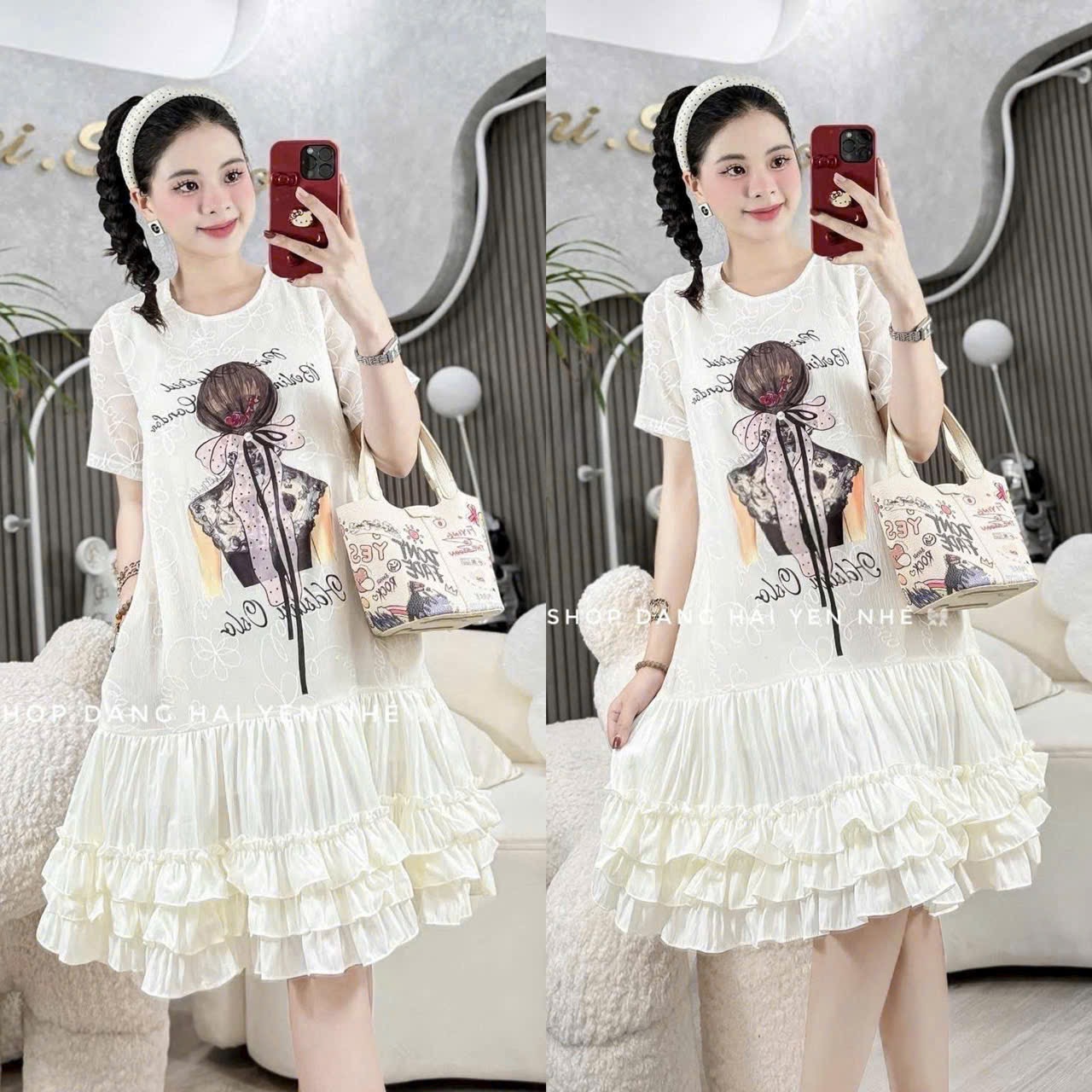 Váy Ren Tơ 2 Lớp In Cô Gái Phối Chân Thô Bèo Tầng Kèm Tag Nơ