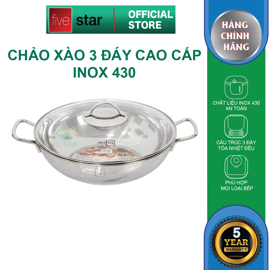 Nồi lẩu xào 3 đáy từ cao cấp Fivestar 32cm nắp kính , tặng 2 vá canh