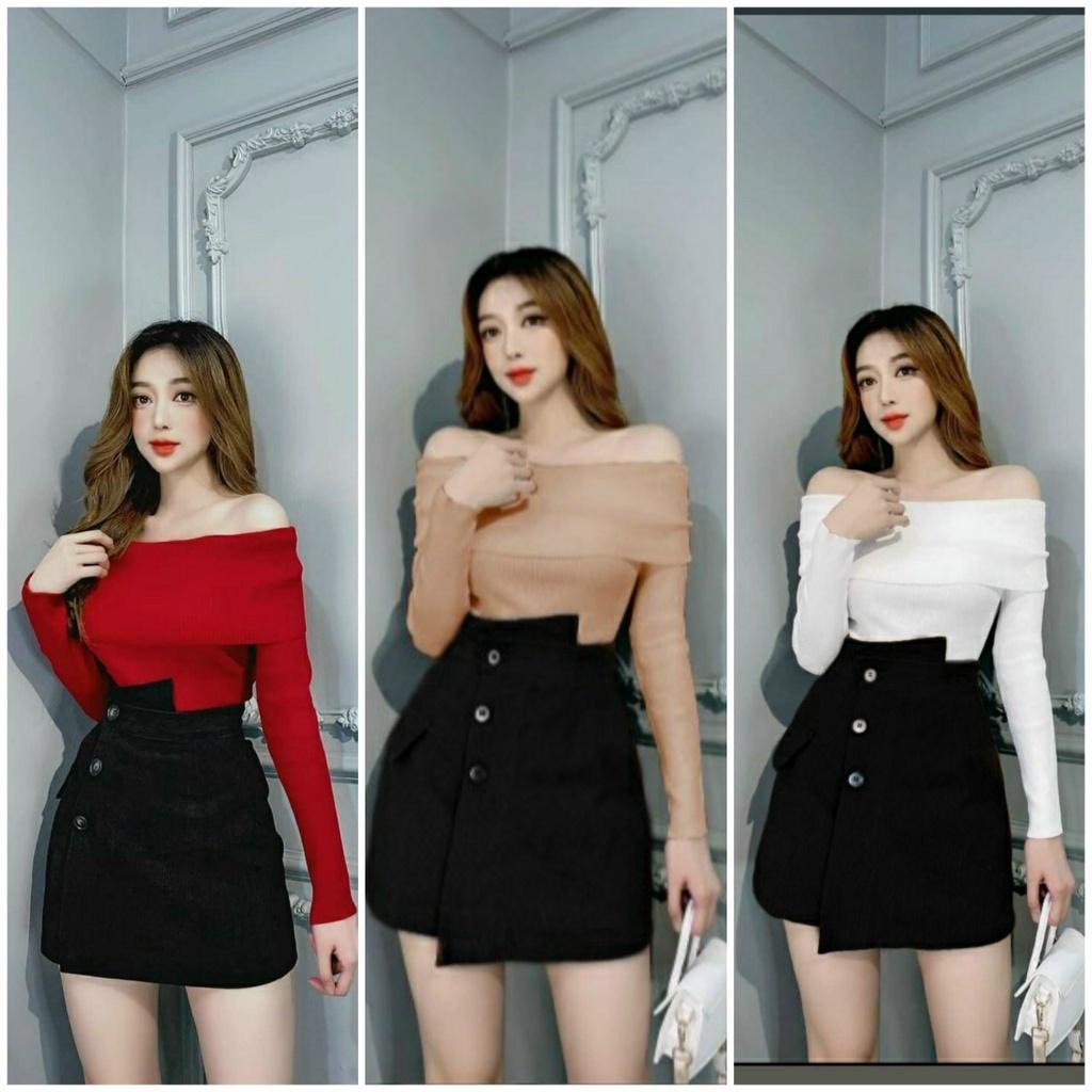 Sét áo cotton trễ vai và chân váy siêu hot