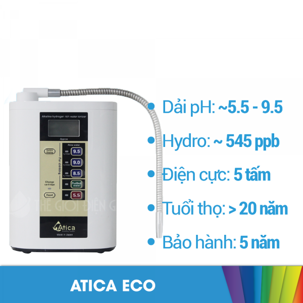 Máy lọc nước ion kiềm giàu hydro Atica Eco - Hàng chính hãng sản xuất bởi tập đoàn Hitachi Maxell Nhật Bản sử dụng công nghệ điện phân 2 lần làm giàu hydro trong nước tốt cho sức khỏe