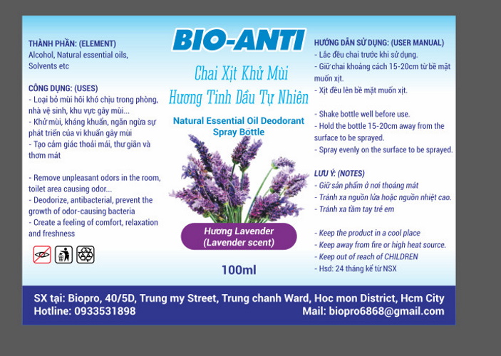 Chai xịt khử mùi diệt khuẩn hương tinh dầu tự nhiên Bio-Anti Chai 100ml Khử mùi phòng, Toilet, Khu vực gây mùi