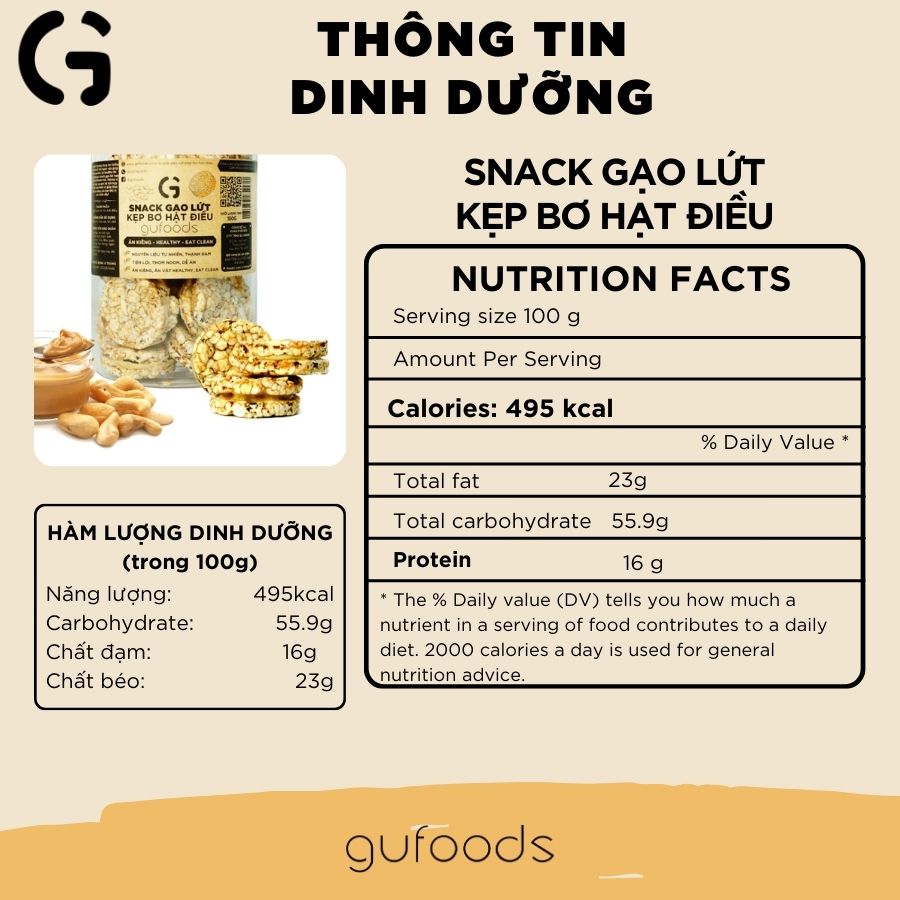 Snack gạo lứt kẹp bơ hạt GUfoods - Ăn kiêng, Ăn vặt healthy, Lành mạnh, Eat clean, Thực dưỡng - Bánh kẹo Tết - Quà Tết