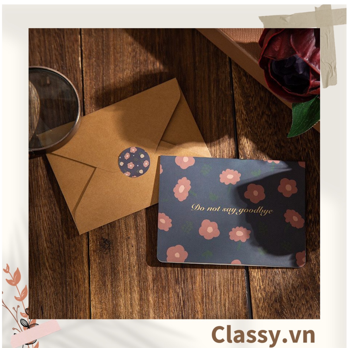 Thiệp Cổ điển Vintage in họa tiết hoa nhí giấy art sang trọng kèm phong bì giấy kraft nâu Q724
