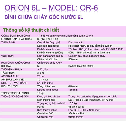 Bình chữa cháy Pin Lithium Orion 6lit Or-6 /Bình chữa cháy xe điện / Bình chữa cháy Vinafoam Orion 6lit