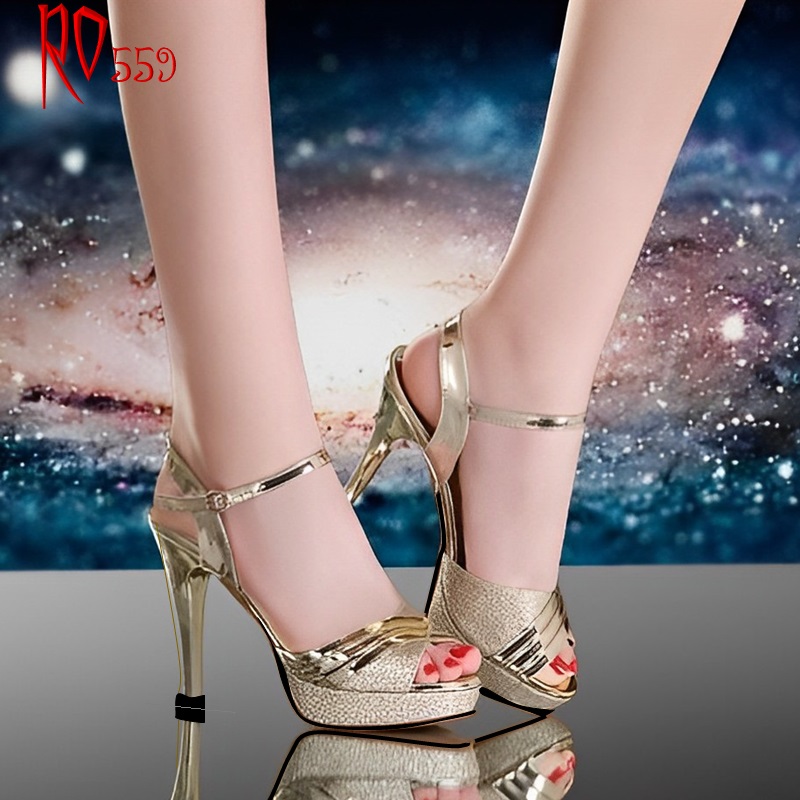 Giày sandal nữ đẹp cao gót 9 phân hàng hiệu rosata hai màu đồng bạc da mềm ro559
