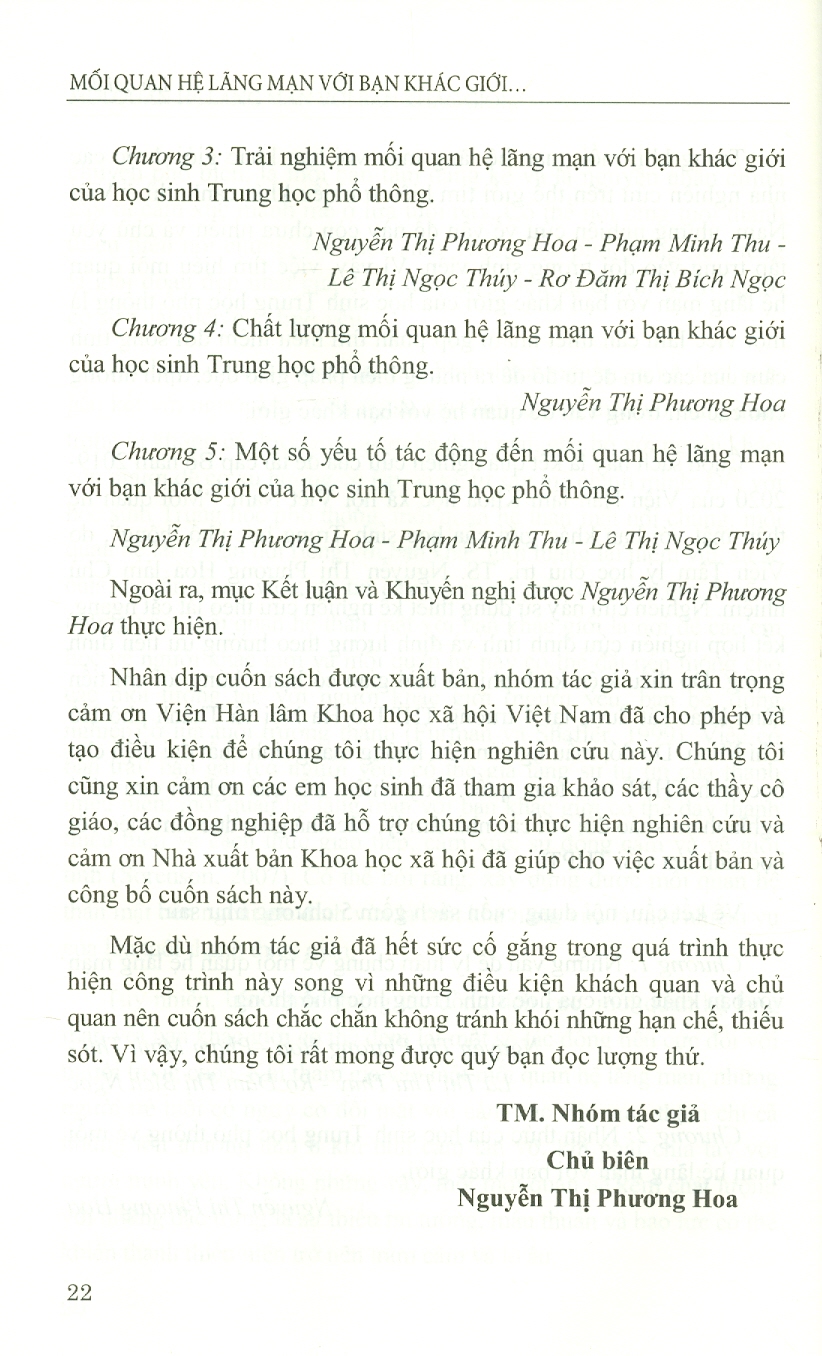 Mối Quan Hệ Lãng Mạn Với Bạn Khác Giới Của Học Sinh Trung Học Phổ Thông (Sách chuyên khảo) - Viện Tâm Lý Học - Nguyễn Thị Phương Hoa (Chủ biên)