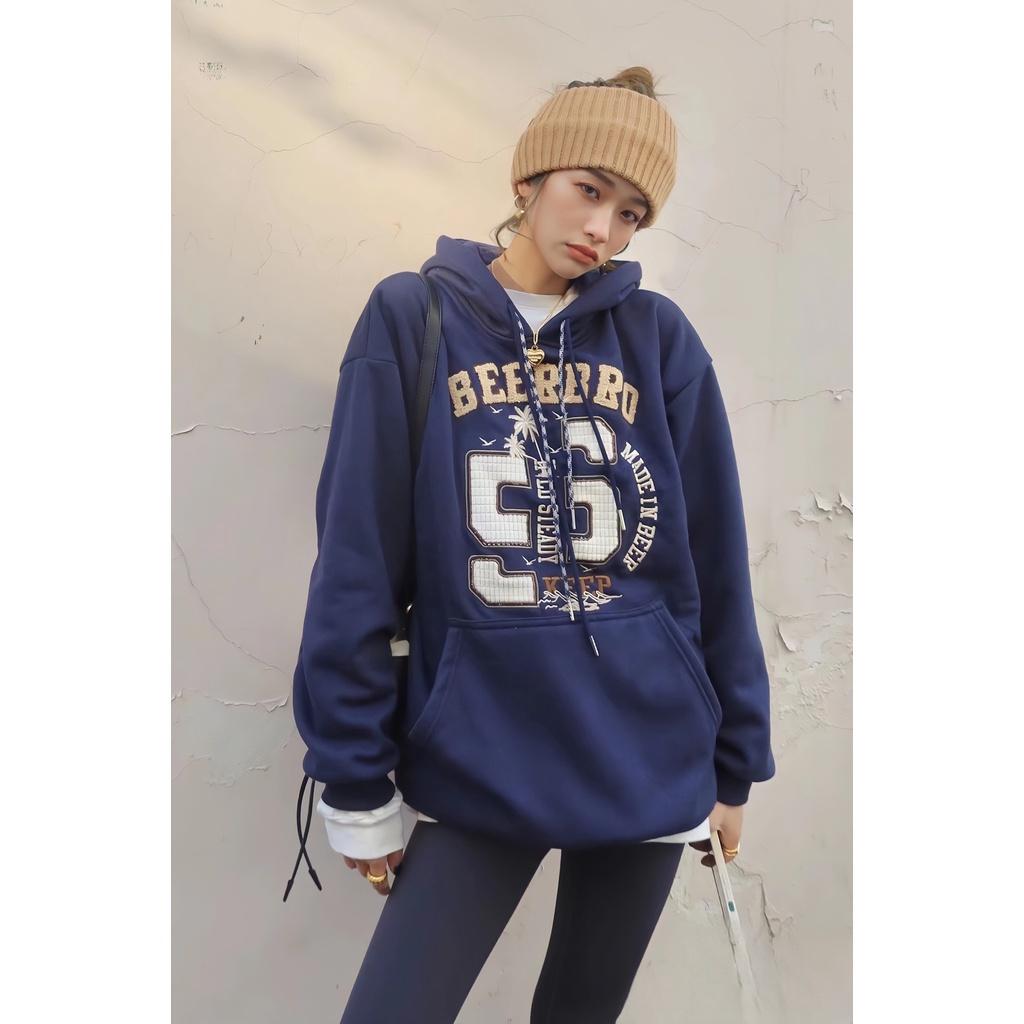 Áo Hoodie Nỉ In Chữ BEERBRO Dáng Thụng Màu Xanh Kèm Mũ Siêu Basic