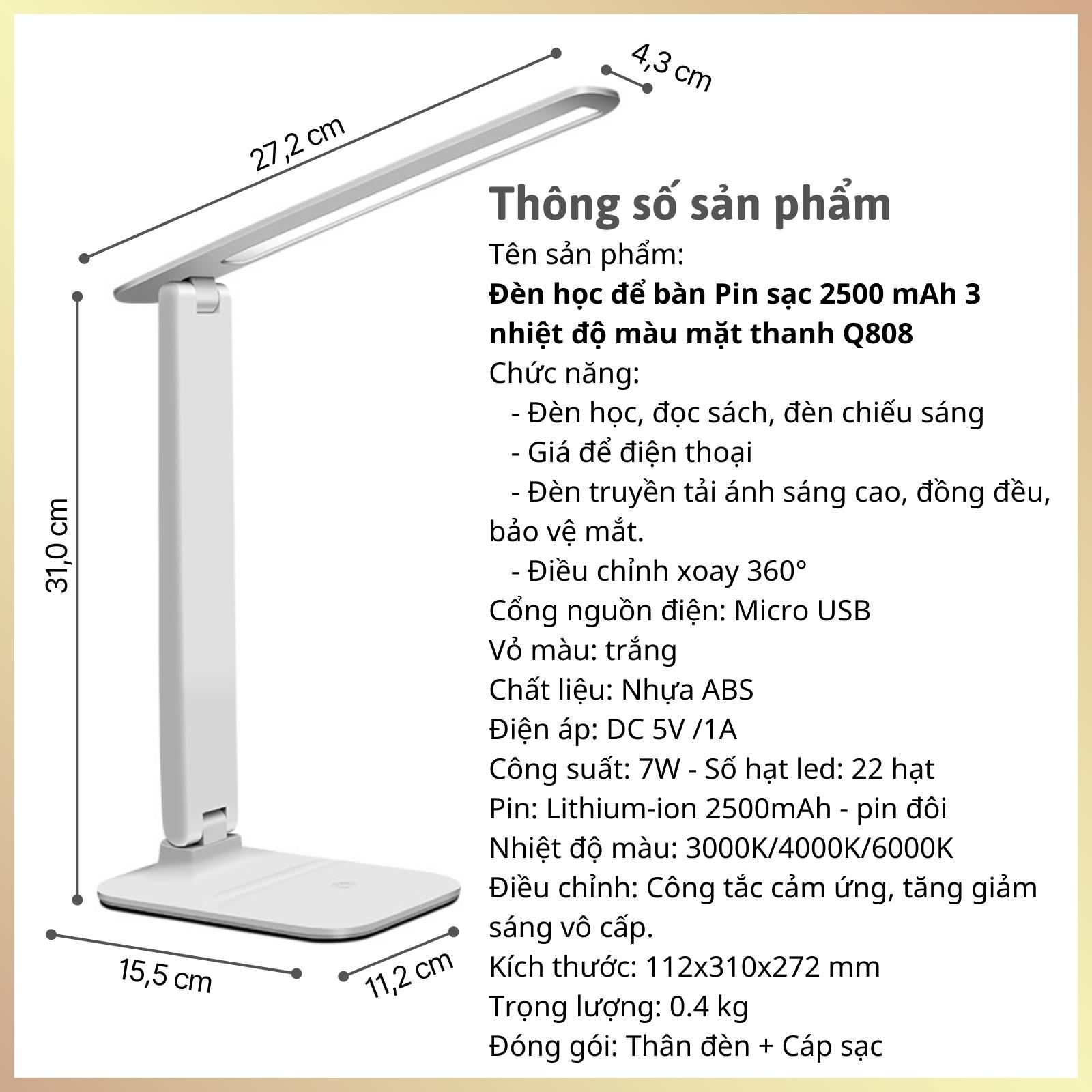 Đèn học để bàn Pin sạc 3 nhiệt độ màu Mặt Thanh Q808