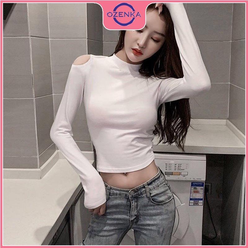 Áo croptop cổ lọ hở vai tay dài , crt ôm body thun gân 100% cotton đen trắng free size dưới 50kg mặc đi chơi