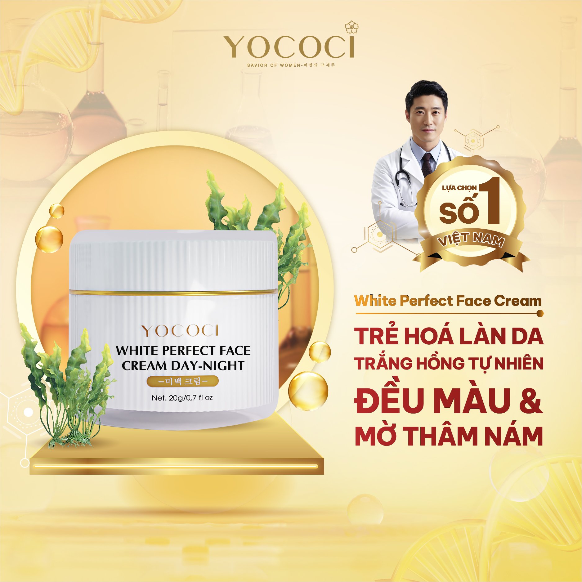 Kem Dưỡng Trắng Da Mặt Yococi Giúp Sáng Da, Ngăn Chặn Ánh Sáng Xanh White Perfect Face Cream 20G