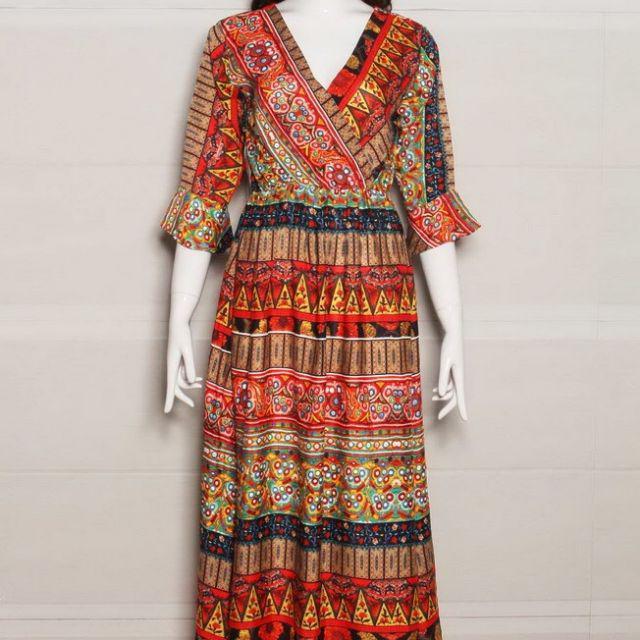ĐẦM MAXI THỔ CẨM TAY LỞ