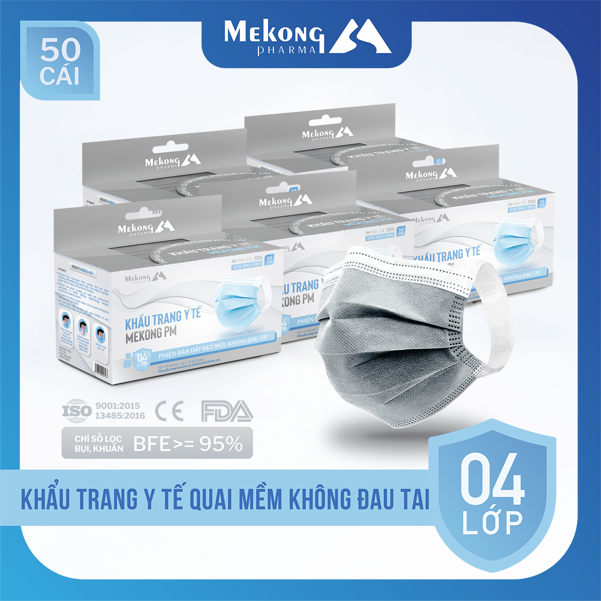 5 Hộp Khẩu Trang Mekong Cao Cấp 4 Lớp Kháng Khuẩn có dây đeo mềm không gây đay tai (50 chiếc 1 Hộp)