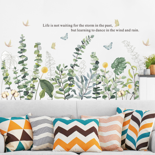 Decal trang trí tường - Chân tường bụi cây xanh và đàn bướm