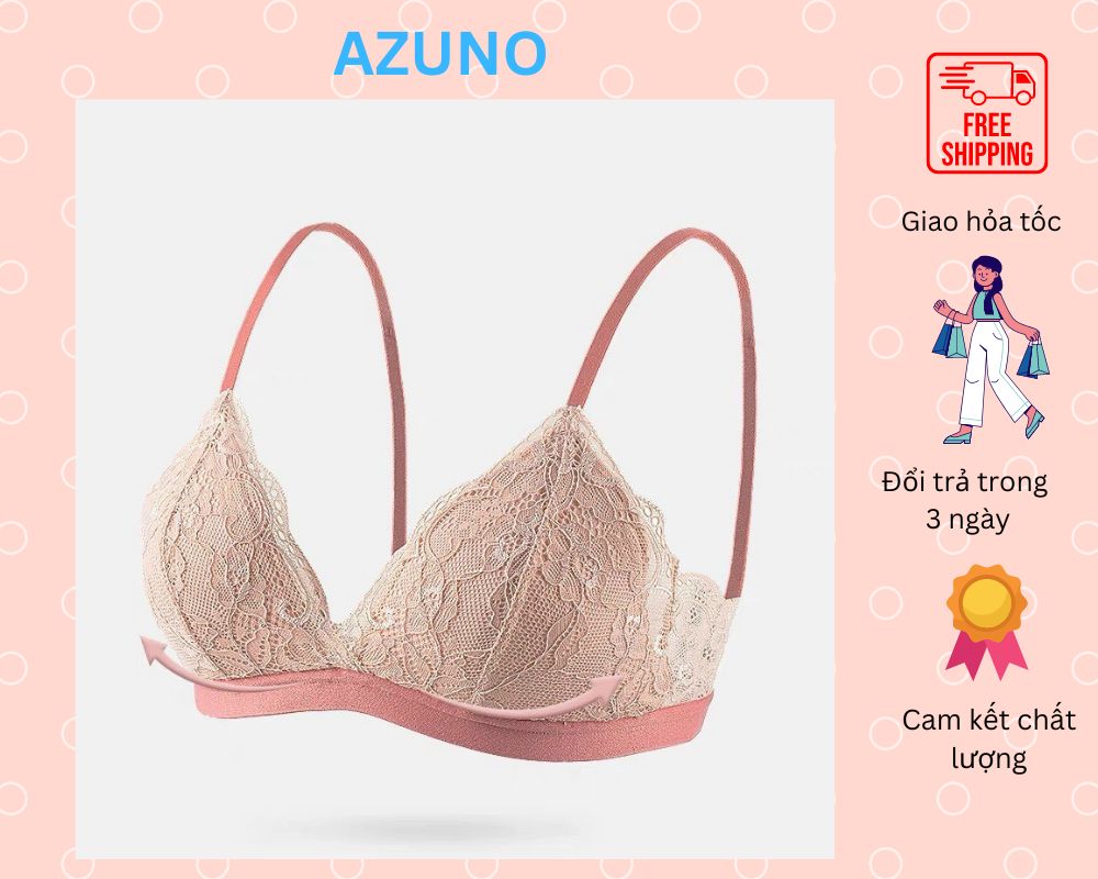 Áo Lót Nữ Không Gọng Viền Ren, Áo Ngực Đệm Mỏng  Hở Lưng Nâng Ngực Cao Cấp Azuno A6915