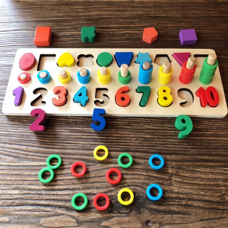 Bảng Gỗ Giáo Cụ Montessori Ghép Chữ Số Và Hình Học Kèm Vòng Màu Sắc