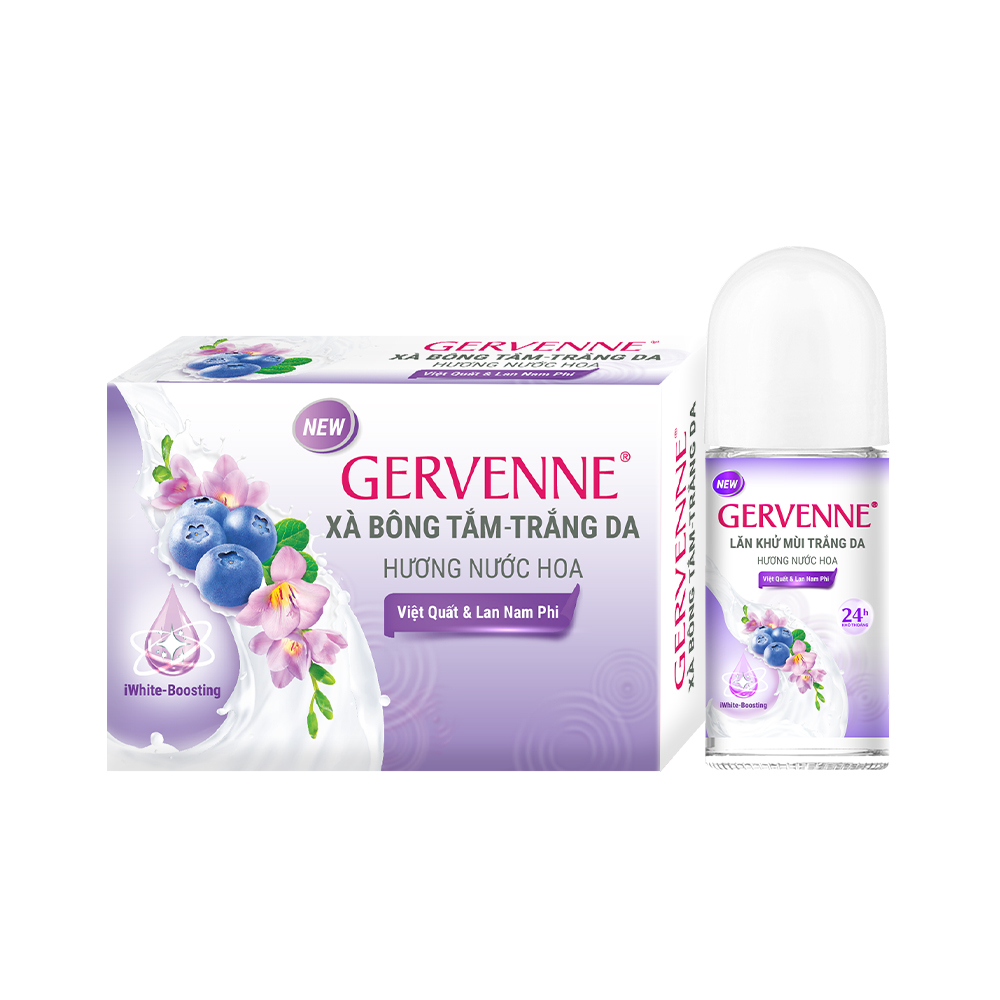 Combo Xà bông tắm trắng Gervenne 90g và Lăn khử mùi trắng da hương Việt Quất và Lan Nam Phi 50ml