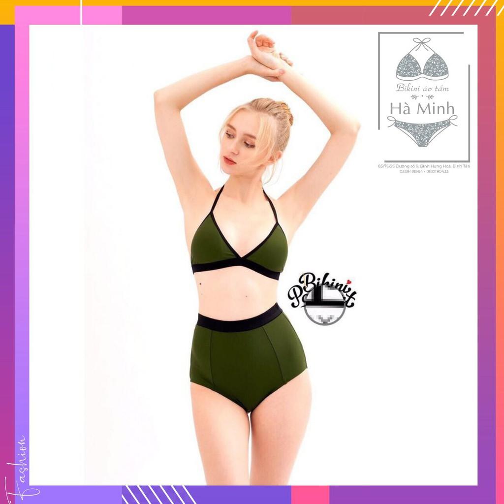 Bikini, Đồ Bơi Hai Mảnh Tam Giác Cạp Cao Xanh Viên Đen KG0430