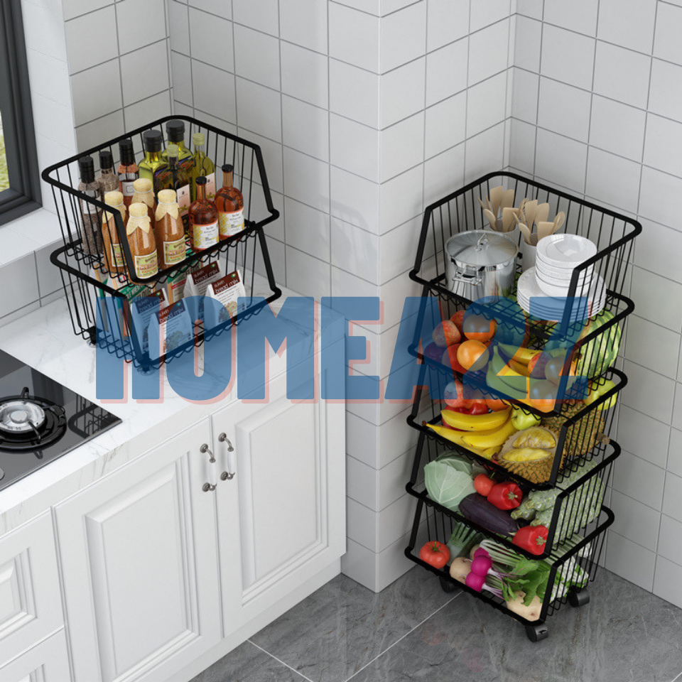 Kệ Nhà Bếp Đa Năng Dạng Rổ 4/5 Tầng Thép Carbon Sơn Tĩnh Điện, Kệ Rổ Xoay 360 Tiện Lợi Chống Gỉ Sét Cao Cấp