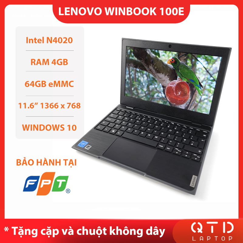 Laptop Lenovo WinBook 100e (gen 2) Intel N4020/4GB/64GB/11.6inch HD/W10 giá siêu rẻ cho học sinh - Hàng nhập khẩu