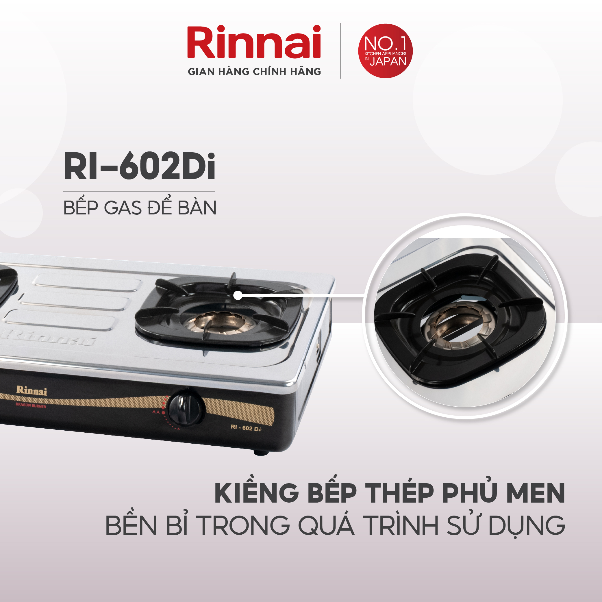 Bếp gas dương Rinnai RI-602Di mặt bếp inox và kiềng bếp men - Hàng chính hãng.