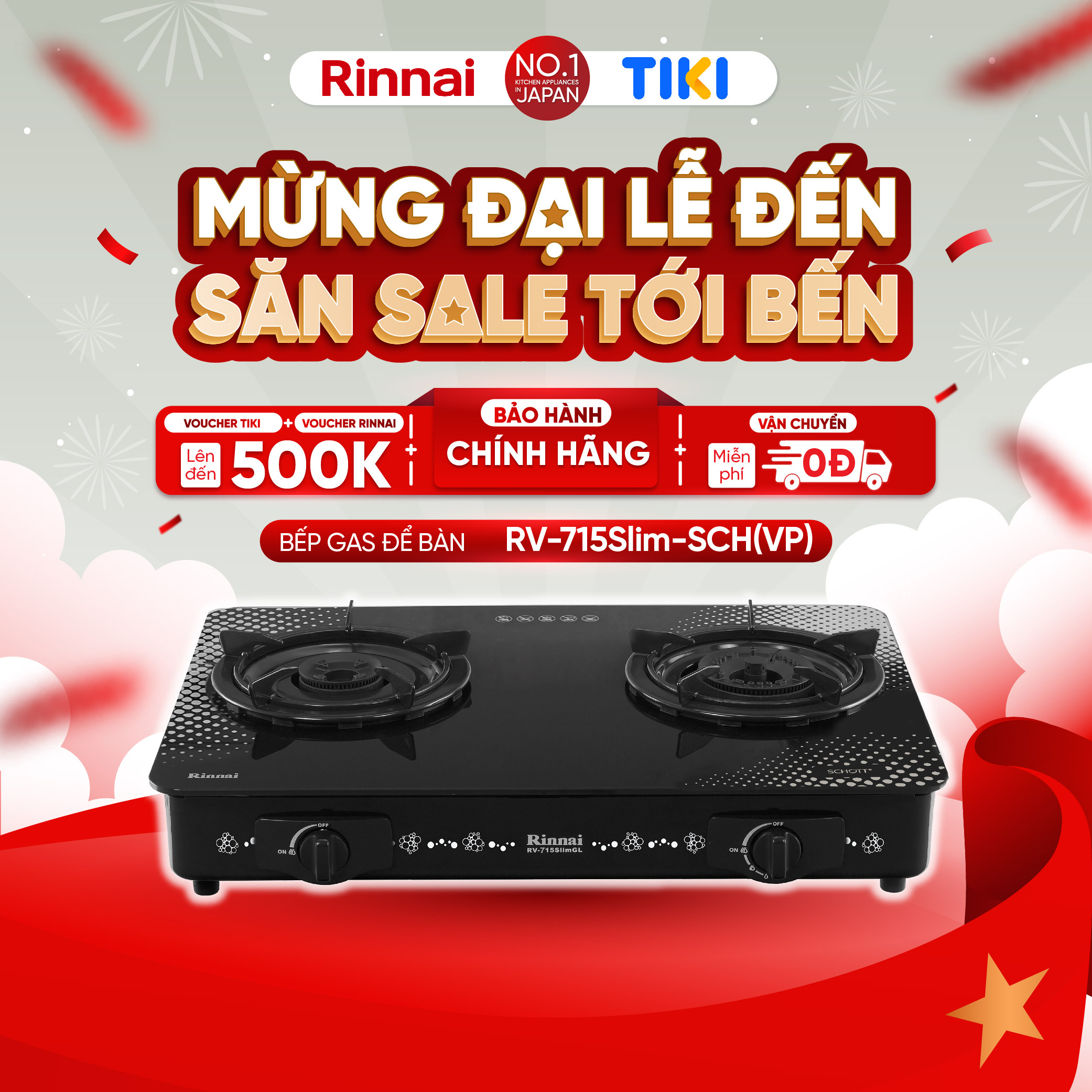 Bếp gas dương Rinnai RV-715Slim-SCH(VP) mặt bếp kính SCHOTT và kiềng bếp men - Hàng chính hãng.