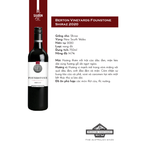 Rượu vang đỏ Berton Vineyards Foundstone Shiraz 2020 750ml 14.5% Alc