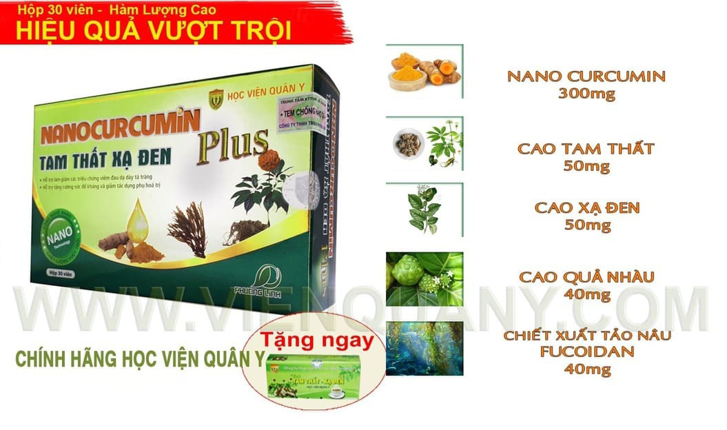 Set Quà Combo 3 Hộp Nano Curcumin tam thất xạ đen Plus Học Viện Quân Y hỗ trợ và bảo vệ dạ dày - Hộp 30 viên