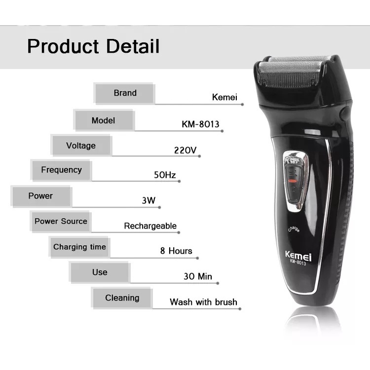 Máy cạo râu 2 lưỡi Kemei KM, thiết kế hiện đại, nhỏ gọn, với trọng lượng chỉ khoảng 350g.
