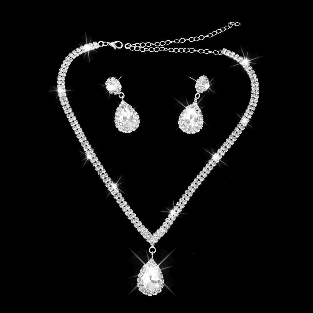 Wedding Prom Bridal Crystal Diamante Tear Drop Necklace Earrings Jewelry Set