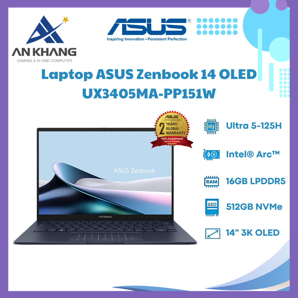 Laptop Asus Zenbook 14 OLED UX3405MA-PP151W (Intel Core Ultra 5 125H | 16GB | 512GB | Intel Arc | 14 inch 3K OLED | Win 11 | Xanh) - Hàng Chính Hãng - Bảo Hành 24 Tháng