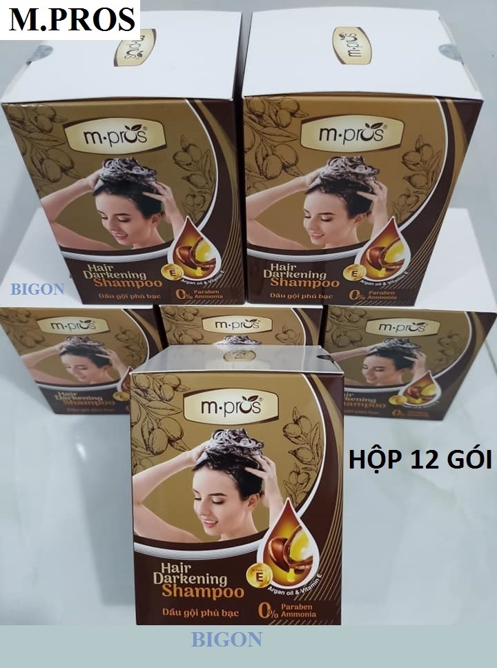 [Đủ Màu] Hộp 12 Gói Dầu Gội Nhuộm Tóc  Đen &amp; Nâu M.PROS Phủ Bạc 100% Thảo Dược Siêu Dưỡng