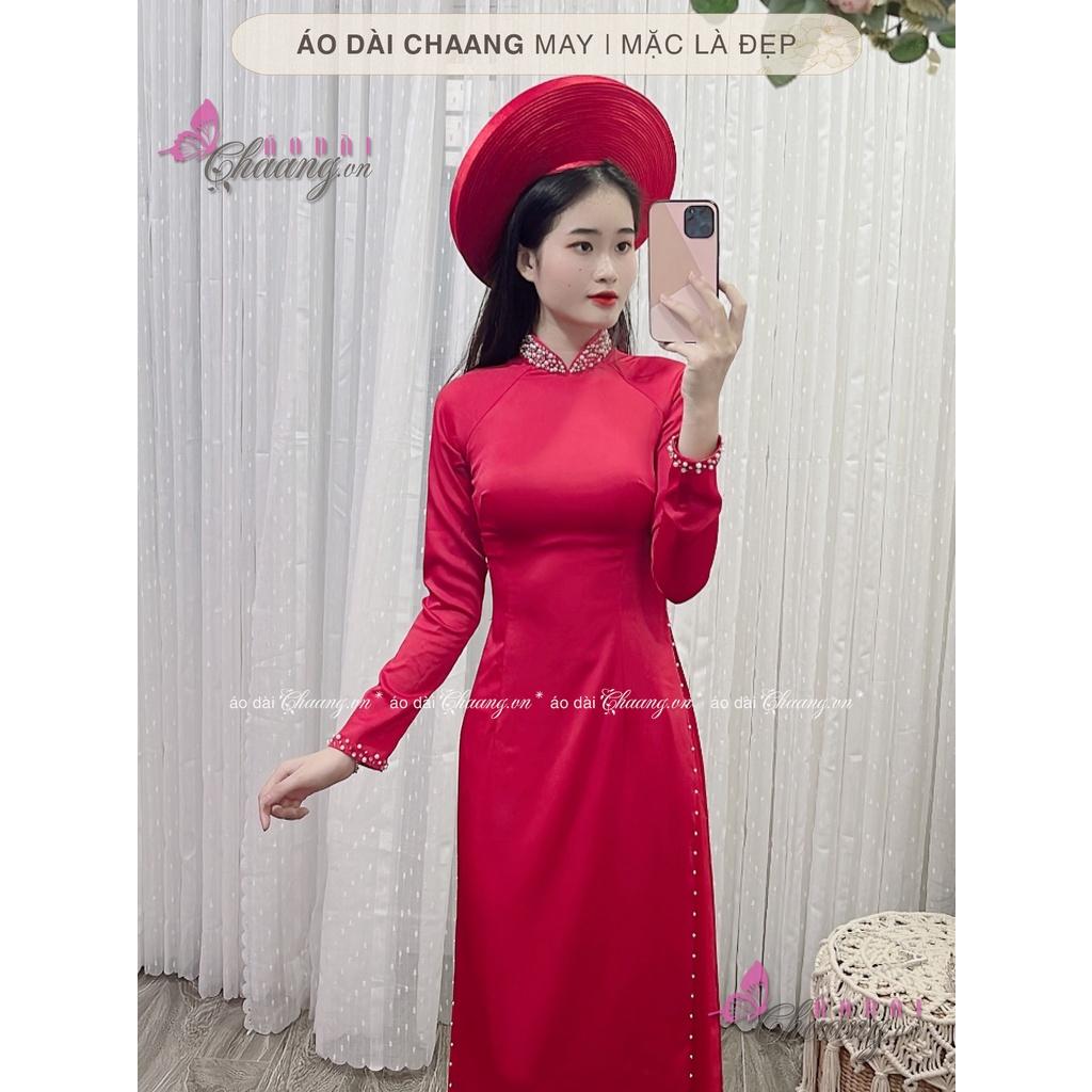 Áo Dài Cưới Truyền Thống CHAANG May Thiết Kế Sẵn 4 Tà Đính Tủa Cổ Ngọc Cô Dâu Dự Tiệc Đẹp ADC1422