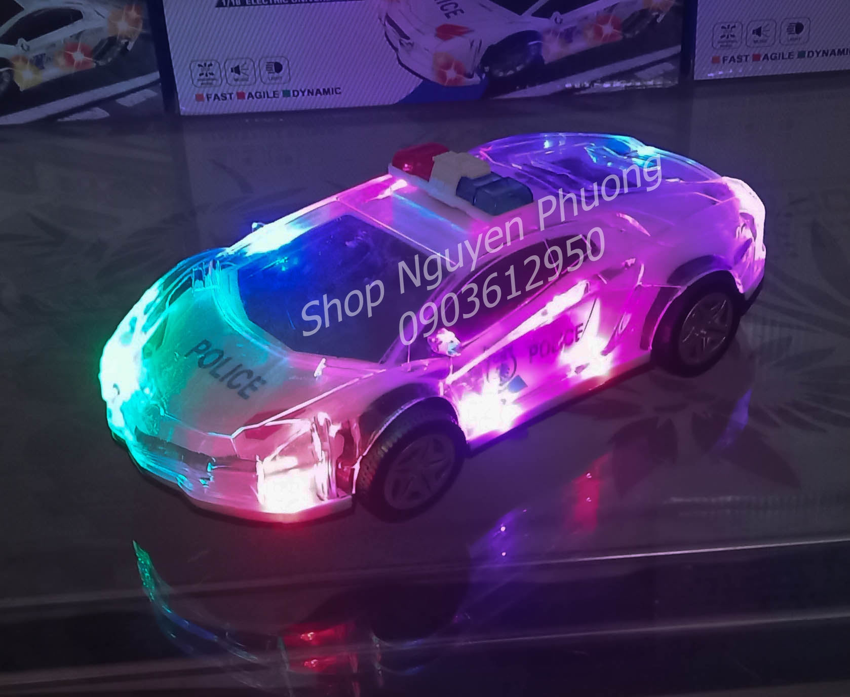 Xe 'Police' đồ chơi chạy pin đèn Led 3D 7 màu xe chạy đụng tự động chuyển hướng