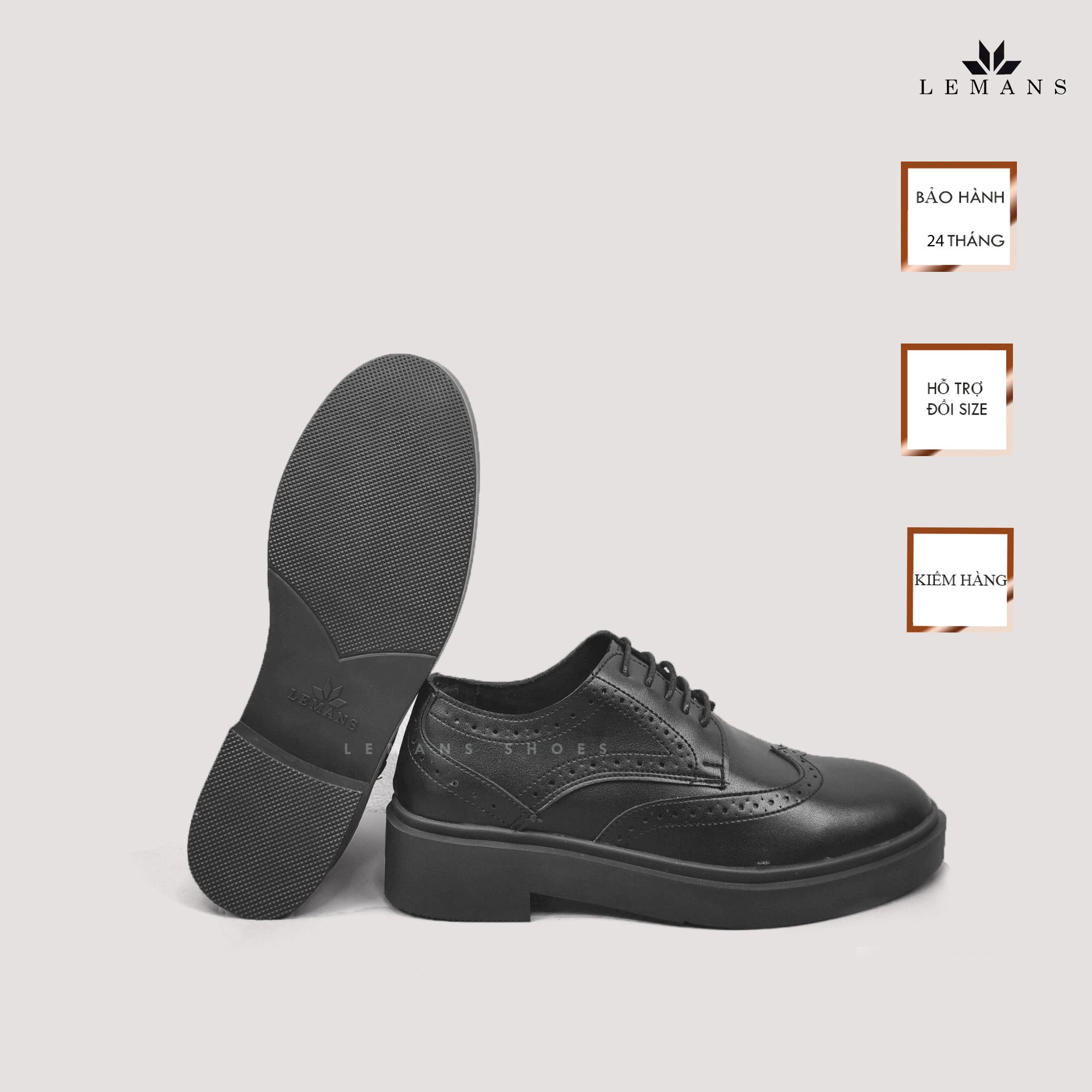 Giày da bò Derby Wingtip LEMANS Black, đế tăng cao lemans 4cm, hoạt tiết cánh bướm, Bảo Hành 12-24 Tháng