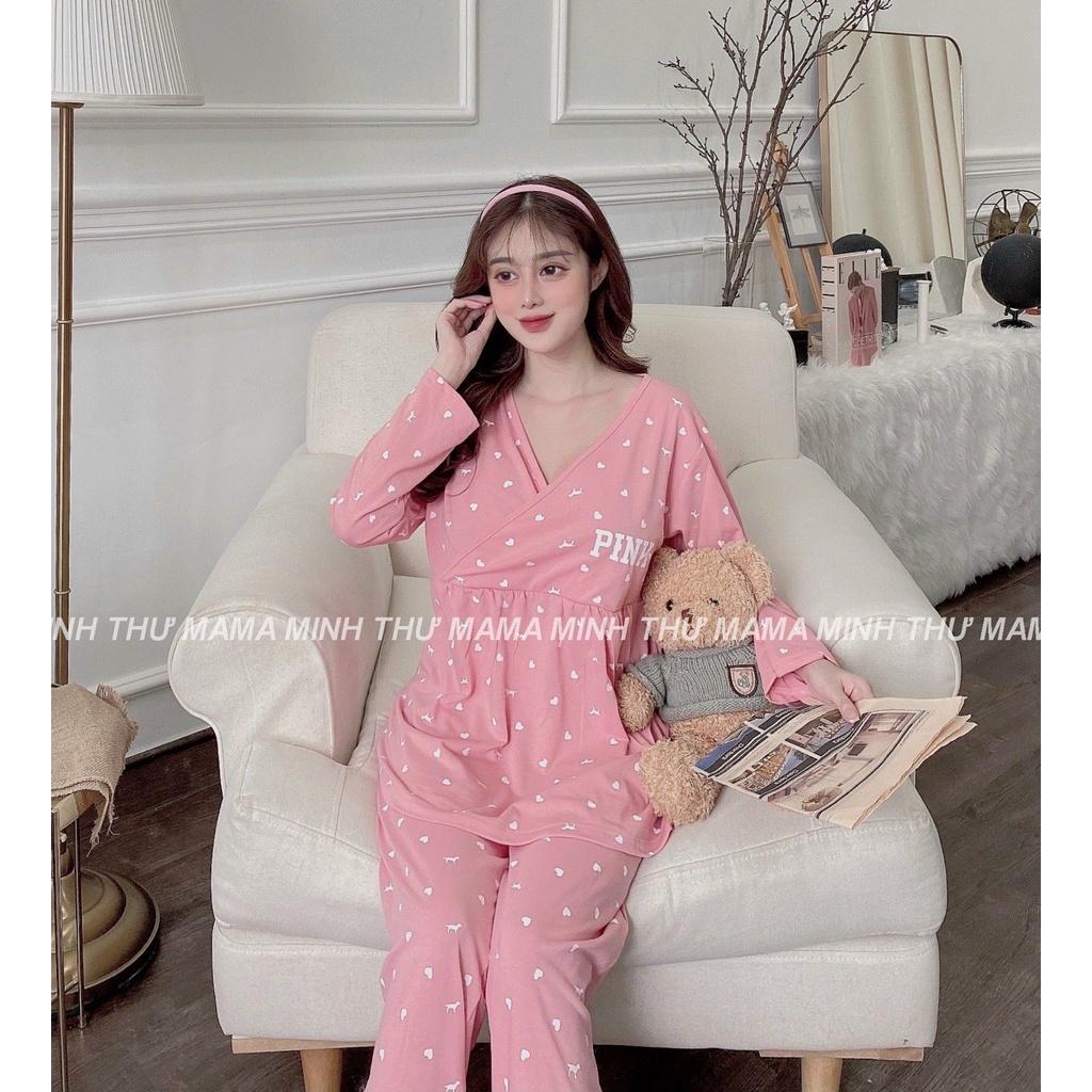 Bộ bầu sau sinh mặc nhà cho con bú cotton cao cấp lửng tay dài thu đông