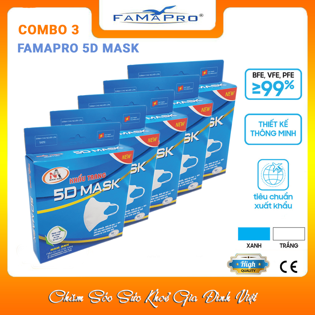 [COMBO Ưu Đãi 5 Hộp] Khẩu trang kháng khuẩn Famapro 5D Mask/Kháng khuẩn, virus, bụi 99% /Chính Hãng 10 cái/hộp)