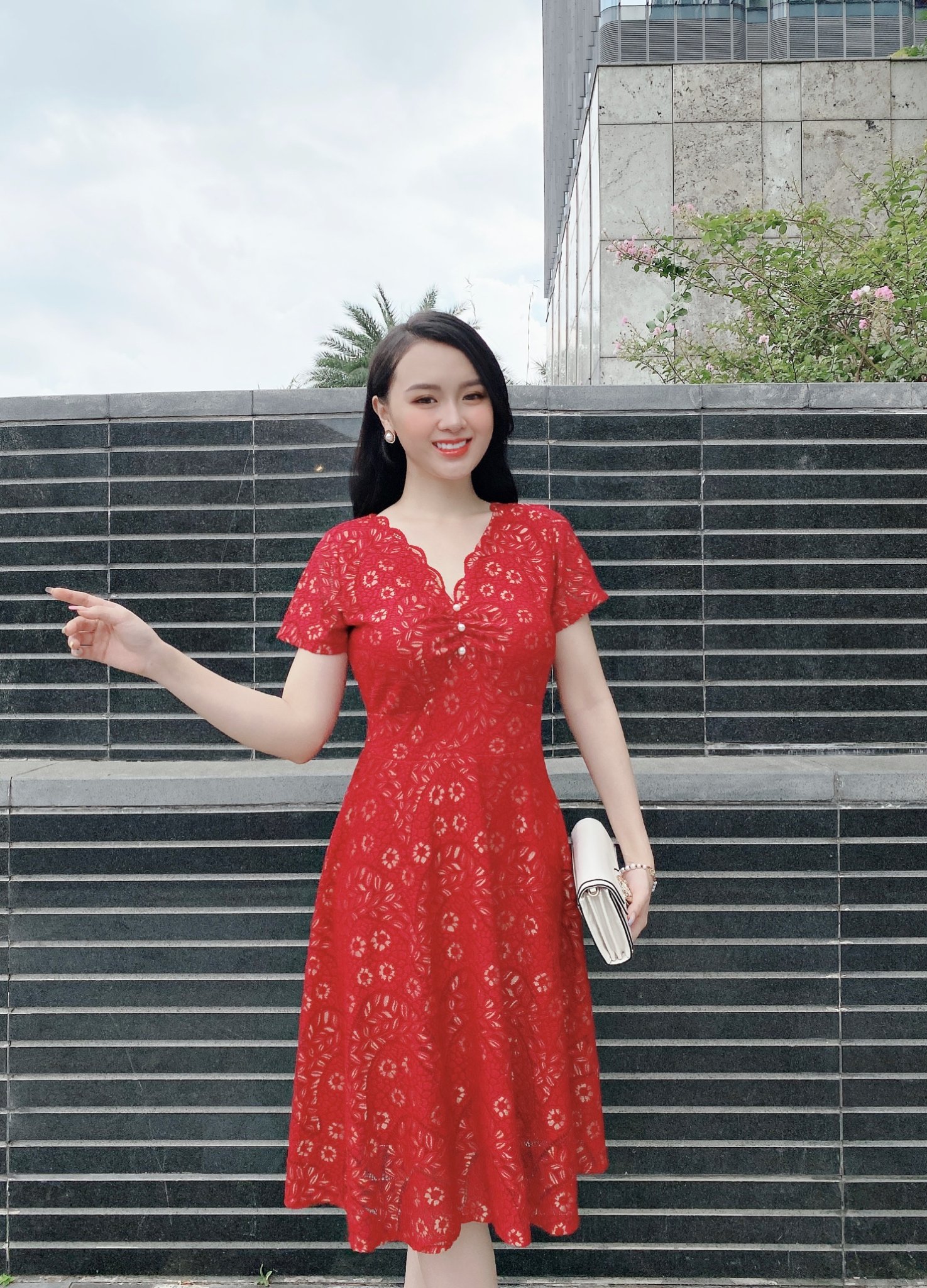 ĐẦM REN CỔ V PHỐI NGỌC - DAM 0020
