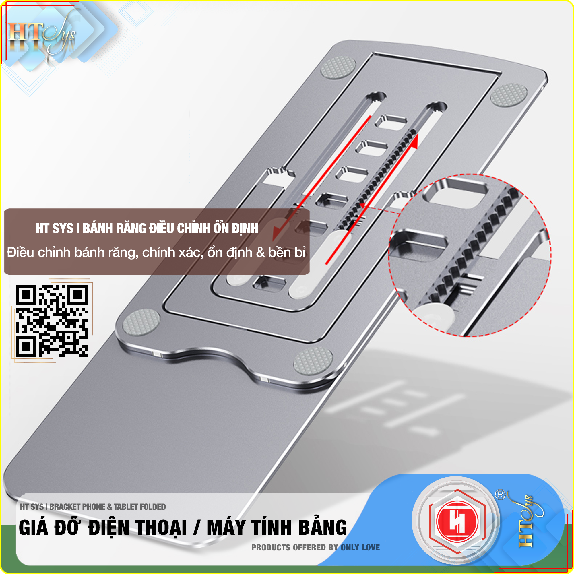 Giá đỡ điện thoại, máy tính bảng để bàn gấp gọn HT SYS BRACKET PHONE and TABLET FOLDED  - Hợp kim nhôm cao cấp - Có thể điều chỉnh 7 góc độ, phù hợp với tất cả các dòng điện thoại và máy tính bảng - Hàng Nhập Khẩu