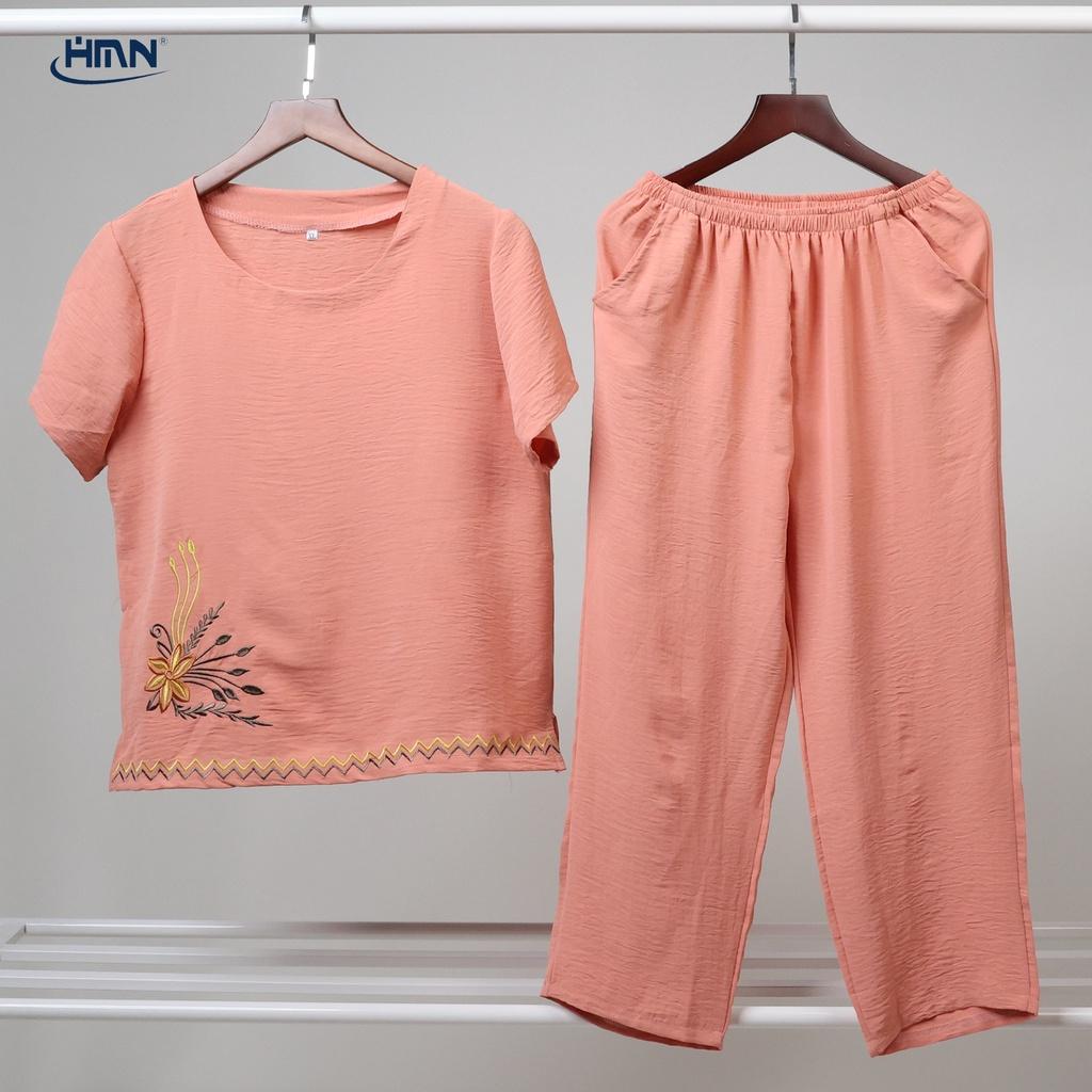 Set đồ bộ trung niên nữ áo thun tay ngắn thêu hoa phối viền và quần Dài/lửng vải đũi linen mềm mịn - HMN Fashion