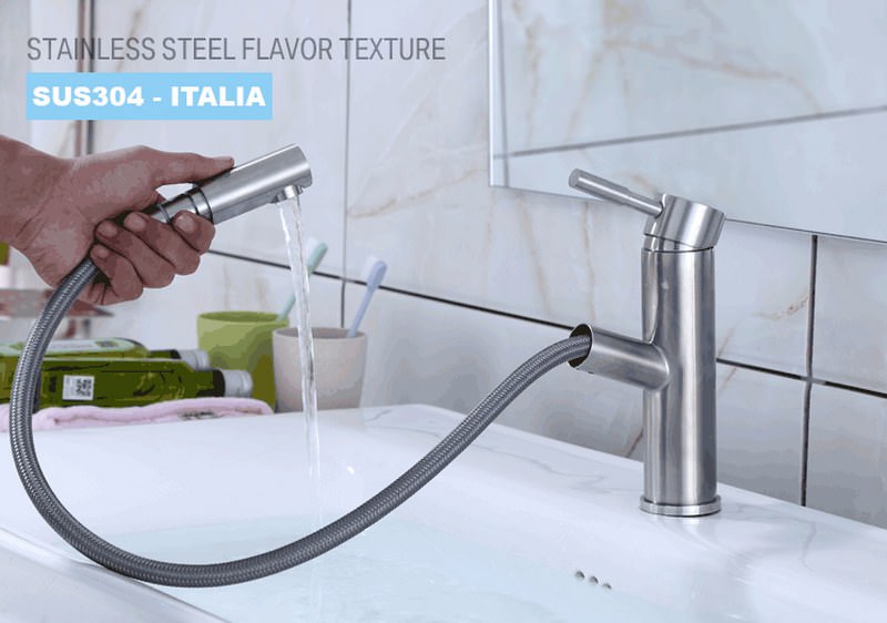 Vòi Lavabo nóng lạnh trụ tròn kiêm đầu xịt SUS304 + 2 dây cấp - ITALIA