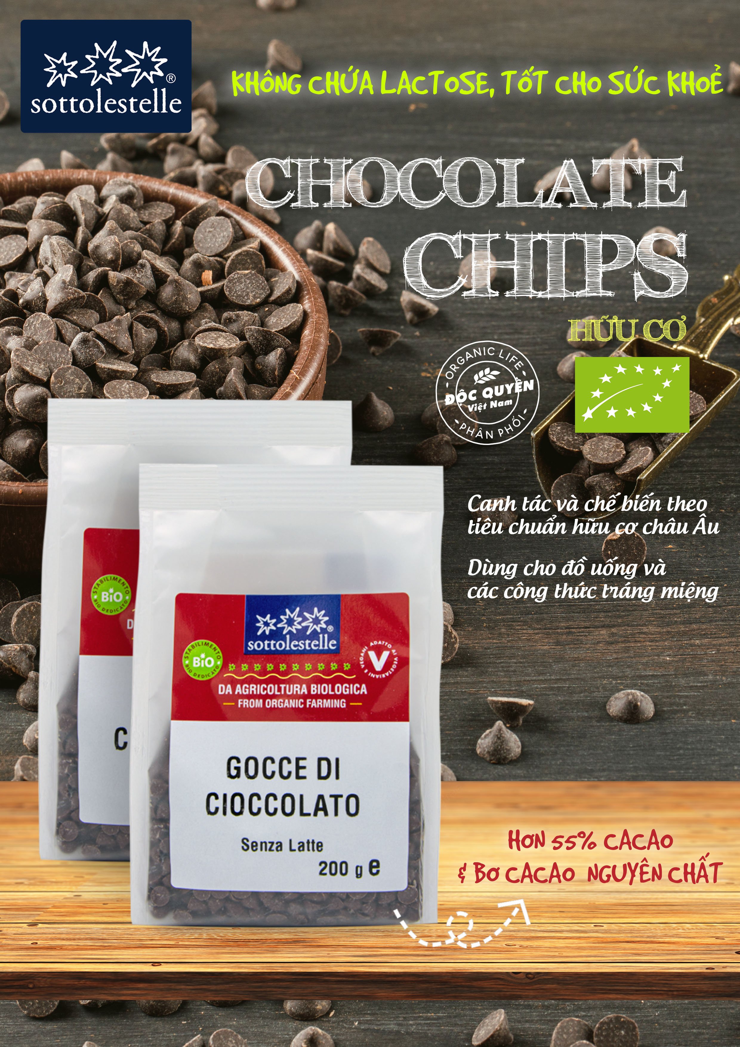 Socola Chip hữu cơ 200g Sottolestelle Organic Chocolate Chips