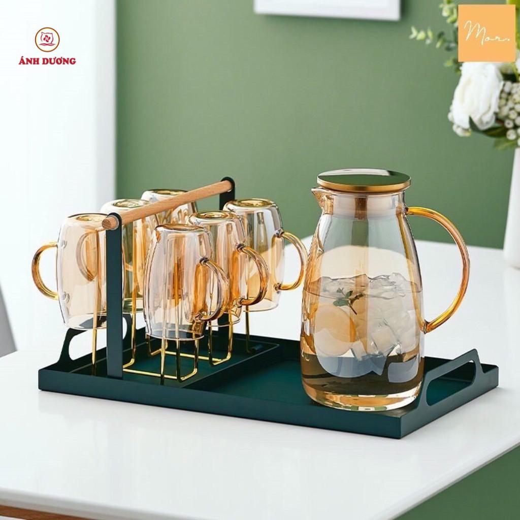 Bộ bình 6 cốc thủy tinh chịu nhiệt pha lê ánh vàng
