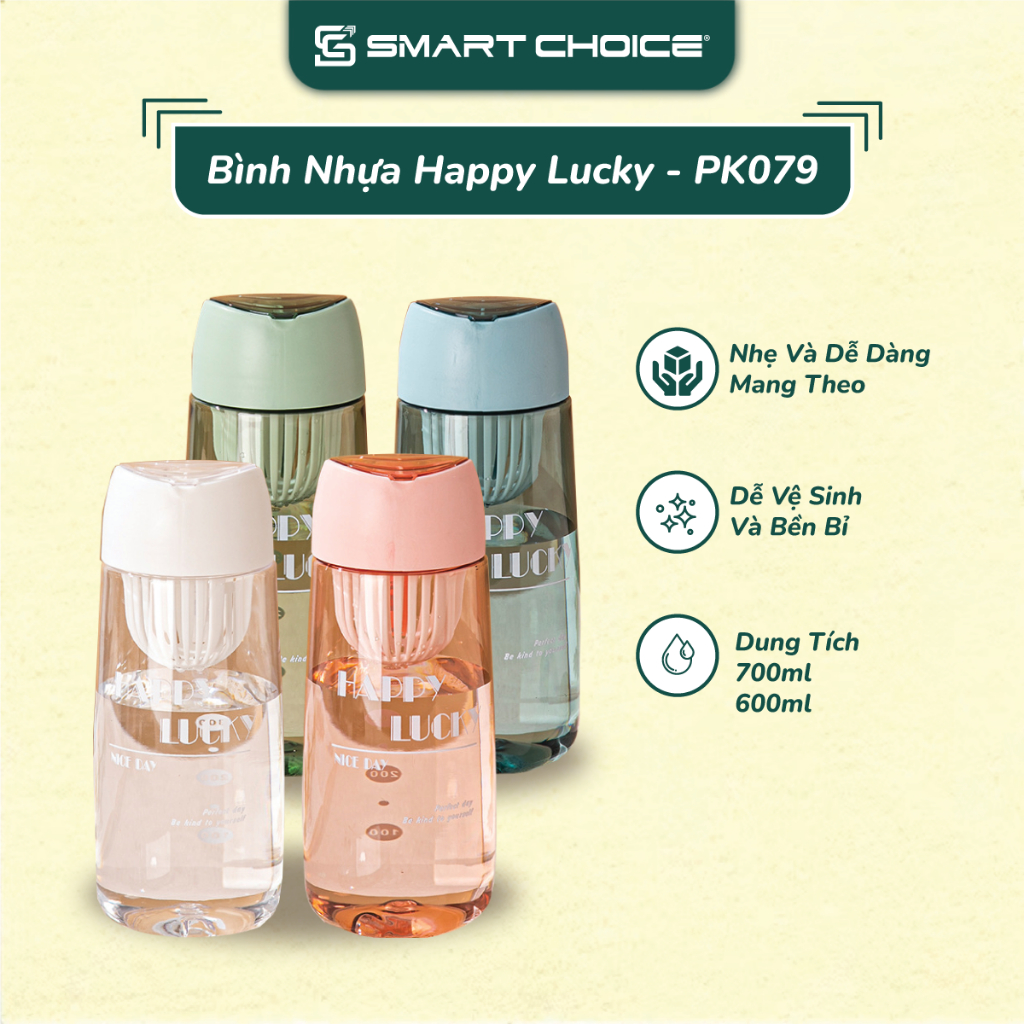 Bình Đựng Nước Nhựa SMARTCHOICE 2 Dung Tích 600ML, 700ML Happy Cao Cấp SCG-PK079