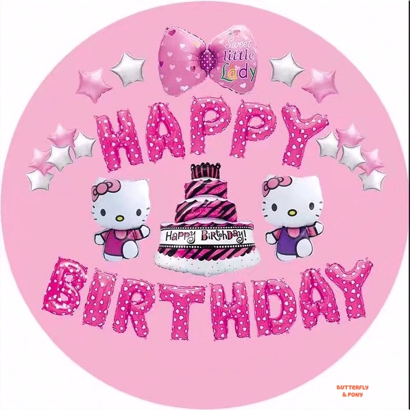 Set Bộ Trang Trí Sinh Nhật Hello Kitty Mèo Hồng Tím 2 Rèm,...Tặng Kèm Cây Bơm Bóng
