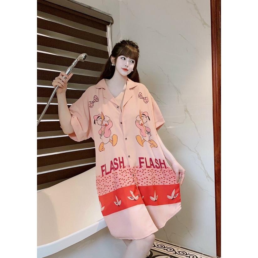 Đầm ngủ váy sơ mi form rộng, chất lụa mango mềm-mịn-mát - Freesize dưới 67kg