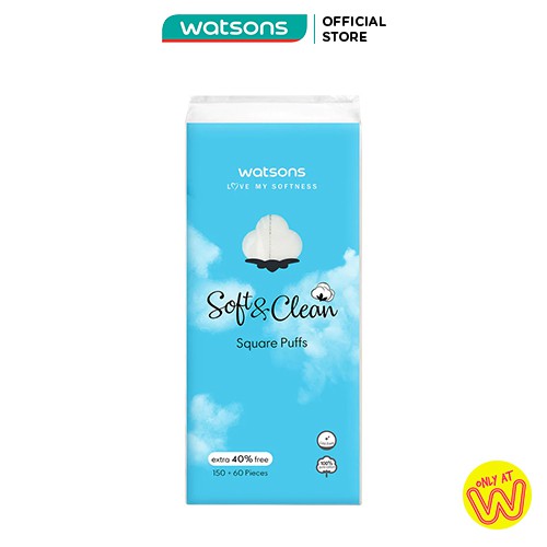 Bông Tẩy Trang Watsons Love My Softness Soft &amp; Clean Square Puffs Free 40% Dạng Túi Mềm 150+60 Miếng